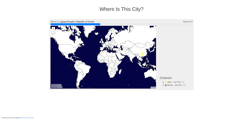 Map view. In the top you see the city name, its country and a coutdown. At the bottom, you can click on a world map.